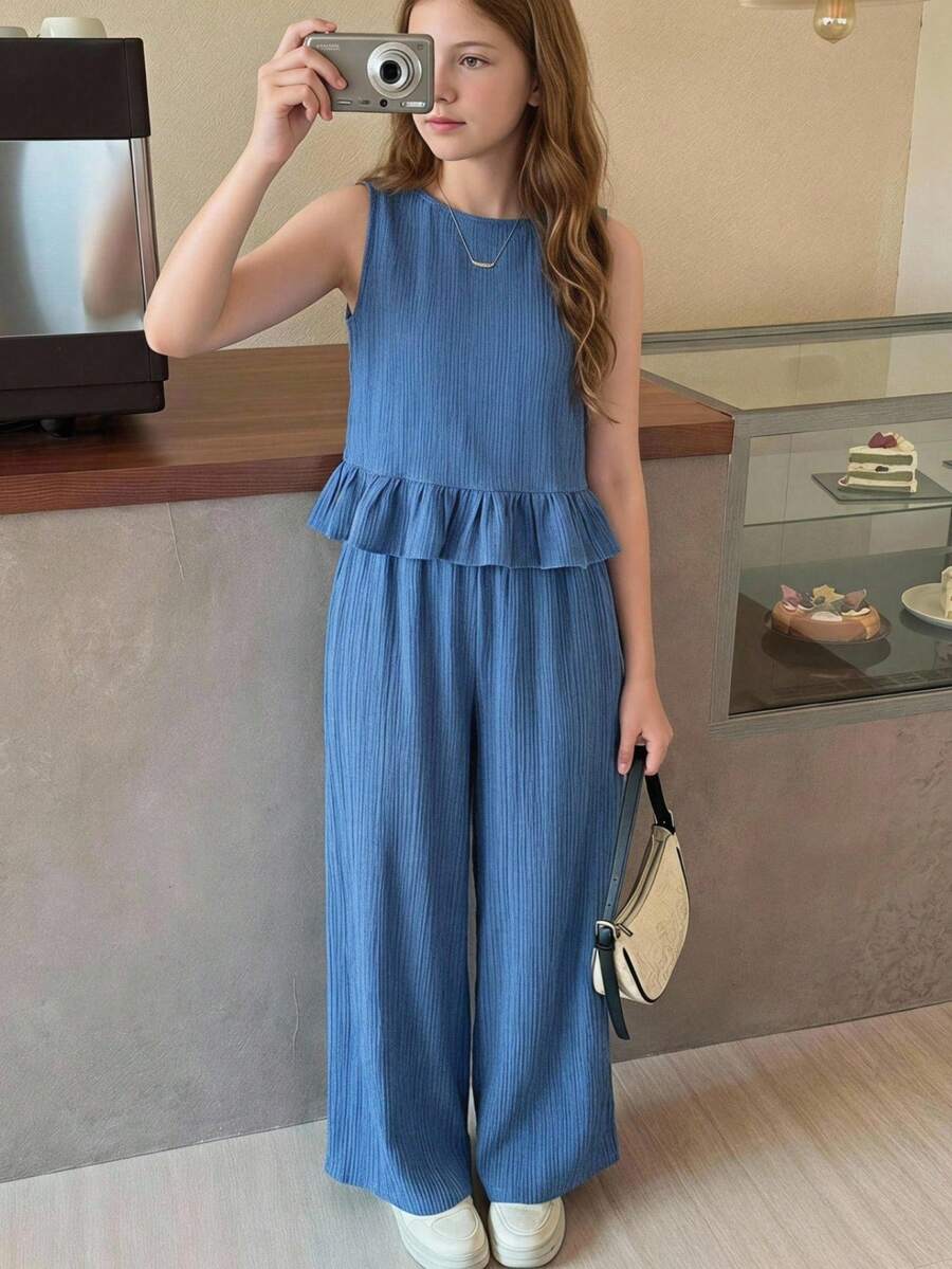 SHEIN Kids Teen Girls' Casual Blue Textured Sleeveless Ruffle Top And Wide Leg Pants Set,Elegant Summer Holiday Linen Two Piece Jumpsuit Outfit For Party - Blue - View 1