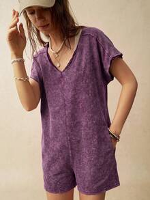 Bohemela Busana Wanita Minimalis Kasual Model Romper Leher V Gaya Jalanan Liburan Musim Panas Warna Ungu Muda - Purple - View 5