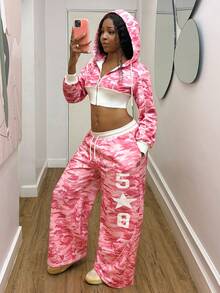Fiercella Fiercella Women's Autumn/Winter Pink Camouflage Casual Streetwear Camouflage Pattern Cropped 2 Pieces Set,Afro Fashion Outfits Everyday Jogging - Hot Pink - View 5