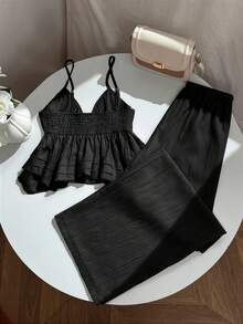 Flirla Women's Set Camisole Top With Textured Patchwork Casual Long Pants With Drawstring Pockets Straight Leg - Black - View 2