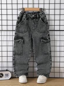 Genkimix Kids 男童小號牛仔夏季新款多口袋工裝直筒長褲，中藍色水洗，舒適鬆緊腰頭，柔軟棉質布料且不易變形，適合學校、戶外玩耍、旅行、家庭活動、派對聚會等 - 灰色 - 查看 3