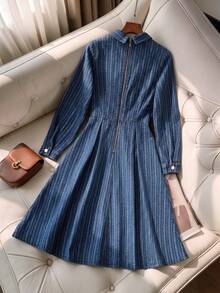 GlowEve Women's Bowknot Casual Elegant Daily Autumn Denim Dress Office Tea Party Blue And White Stripe Retro 90s Fformal Office Tea Party - Dark Wash - View 3