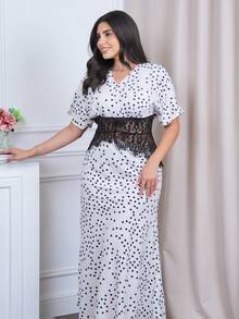 The Leen Edit White With Black Polka Dots,Tea Party Women's Lace Panel Waist-Tied Ruched Dress With Raglan & Raglan Sleeve Sleeves For Daily Office Wear Vacation Elegant - Multicolor - View 3