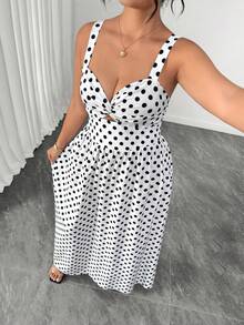 Elenzga Plus Size Women's Elegant 1920 Vintage All White Print Twisted Front Cutout Cami High Waist A-Line Dress Suitable For Summer Daily Commute - Black and White - View 4