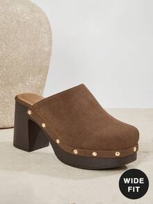 SHUZIA Sandal Selop Platform Bertabur Stud untuk Wanita dengan Ukuran Lebar – Hak Tebal Bergaya Retro, Nyaman & Modis. - Coklat - View 1