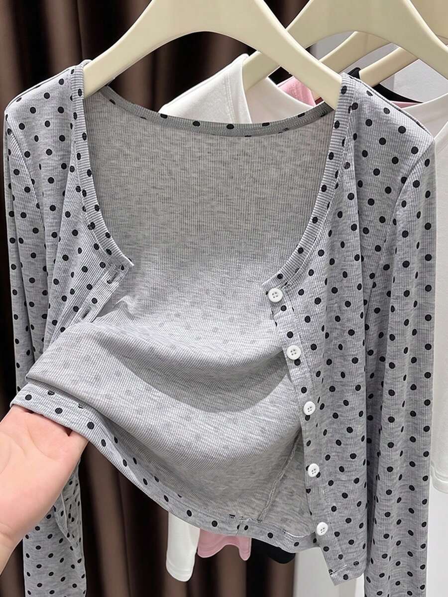 INAWLY 女款波點長袖單排扣休閒輕便夾克 - 灰色 - 查看 1