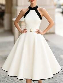 Franclia Women's New Arrival Black & White Color Block Square Neck Tie-Waist A-Line Dress - Black and White - View 3