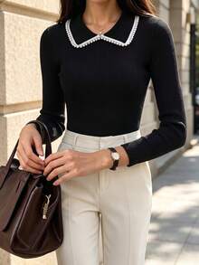 SHEIN Women's Colorblock Casual Elegant Versatile Daily Wear Long Sleeve Sweater Office Brunch Black And White Striped Autumn - Black - View 3