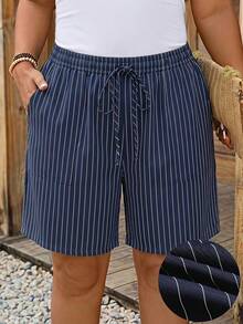 Comfylo Blue Striped Pocket Fabric Plus Size Comfortable Casual Shorts - Blue - View 1