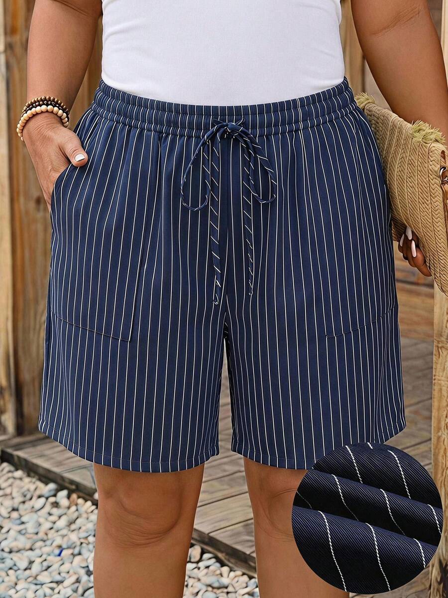 Comfylo Blue Striped Pocket Fabric Plus Size Comfortable Casual Shorts - Blue - View 1