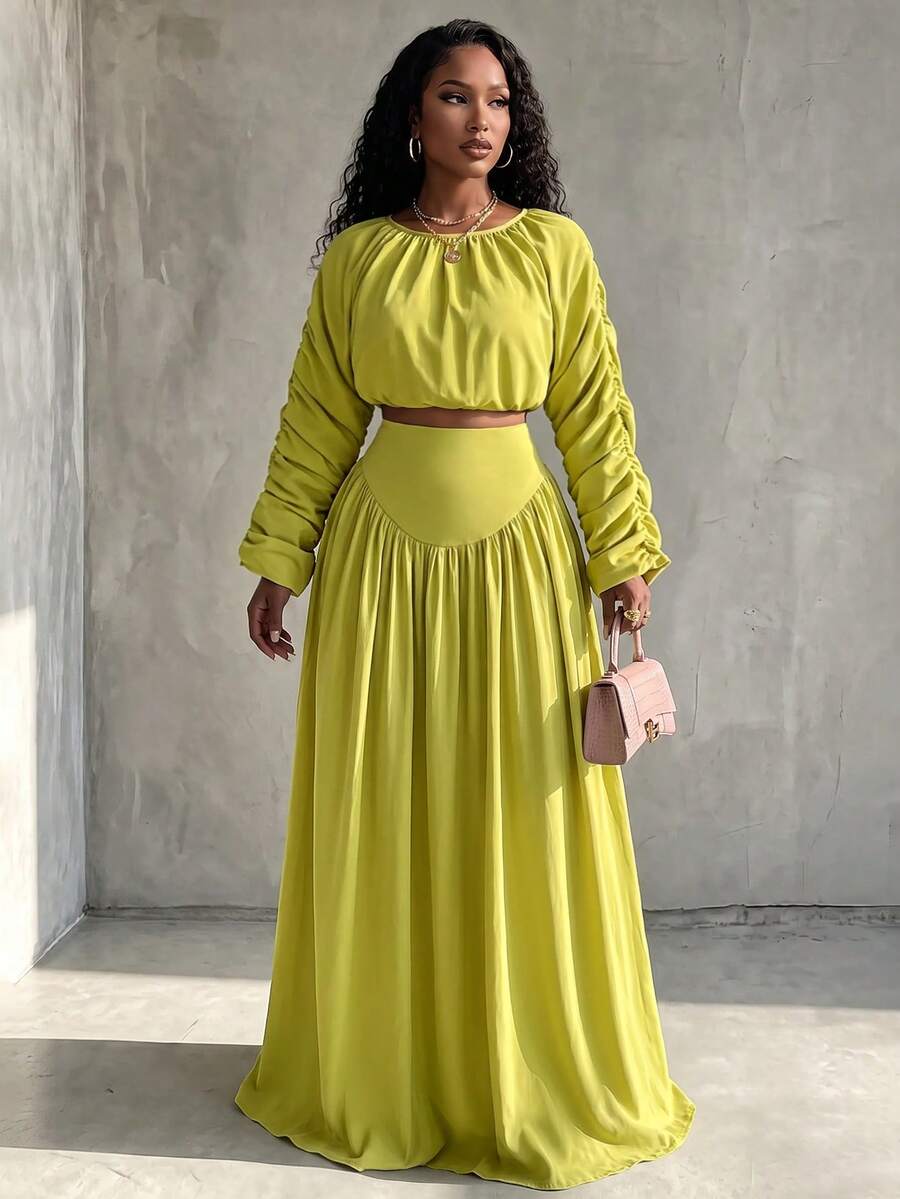 Eryvara Women's New Solid Color Round Neck Long Sleeve Ruched Top And Skirt Two Pieces Set, Casual Wear, Vacation Outfit - Green - View 1