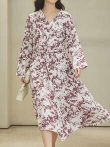 1件可愛兔子花卉印花和服浴袍，短袖V領裹身家居服，附側綁帶與荷葉邊下擺，輕便休閒夏季居家服 M-XXL - 彩色 - 查看 9