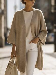 SHEIN 女款純色休閒百搭日常穿搭開襟衫 - 駝色 - 查看 1