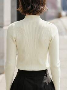Balvessa Women's Solid Color Stand Collar Long Sleeve Shoulder Button Design Fitted Sweater - White - View 2