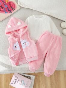 SHEIN Playful Pals Baby Girls Fluffy Pink Fleece Embroidered Hat Vest + White Sweatshirt + Pink Fuzzy Pants 3 Pieces Set - Multicolor - View 6