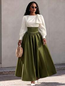 Eryvara Autumn New Patchwork Puff Sleeve Tie Neck Cinched Waist A-Line Dress, Suitable For Party, Date - Green - View 1