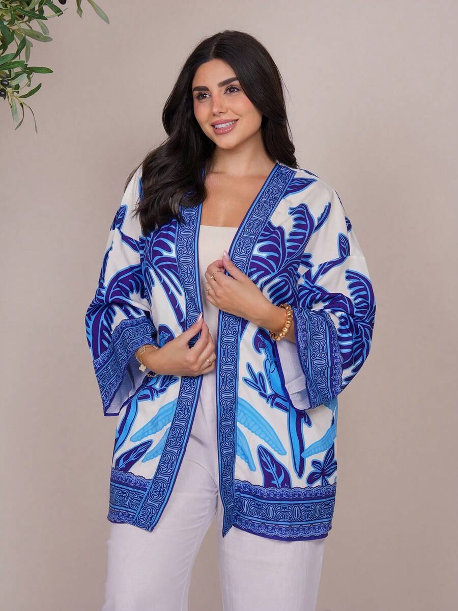 The Leen Edit Woven Printed Long Sleeve Loose Kimono Cover Up For Women,Beige,Summer,Tropical,Holiday,Vacation,Holiday,Beach,Western Wear,Spring&Summer,Boho,Rave - Blue and White - View 1