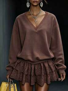 LUMIGAL Women's V-Neck Casual Versatile Daily Wear Long Sleeve Sweatshirt - Brown - View 1
