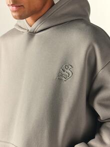 SUMWON Oversized Pullover Hoodie With Embroidered Logo Chest Detail Single Centre Pocket Ribbed Cuffs Hem Fall Winter Essential - Light Grey - View 6
