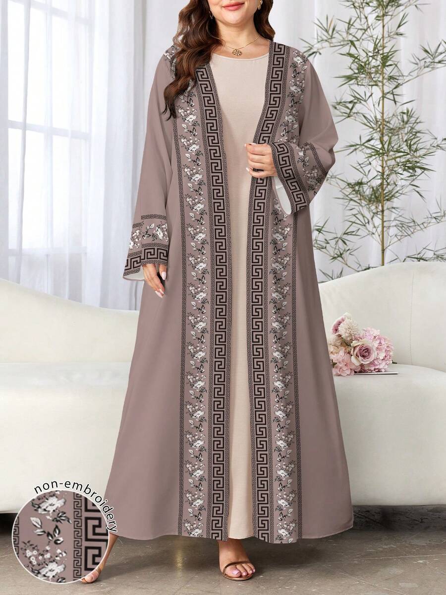 SHEIN Najma 大码女式花卉几何印花开襟长袖休闲阿巴雅开衫,春秋季 - 彩色 - 查看 1