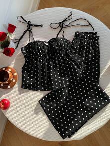 SHEIN CURVE+ 女款大尺碼條紋波點短袖圓領寬鬆1950年代復古Flapper 1920年代夏季兩件套優雅度假黑白配色 - 黑與白 - 查看 3