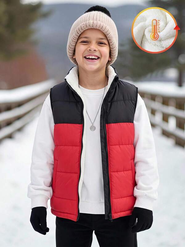 SHEIN Tween Boy Colorblock Zipper Thermal Lined Casual Daily Winter Cotton Padded Vest