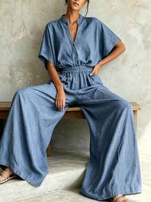 Breezaya Women's Summer Jumpsuit, July Festival, Outdoor Outfit Jumpsuit, Beach Vacation, Holiday Outfit, Blue Women's Jumpsuit, V-Neck Waist-Cinching Short Sleeve Blue Women's Jumpsuit, Casual Women's Jumpsuit, Vacation Outfit, Vacation Women's Jumpsuit, Party Women's Jumpsuit, Elegant Women's Jumpsuit, - Blue - View 4