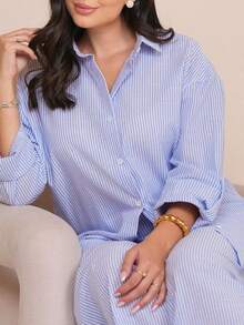 The Leen Edit 女款藍白條紋夏季休閒度假兩件套，捲袖單排扣襯衫搭配寬腿褲，秋季優雅風 - 藍白色 - 查看 2