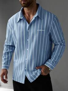 EGENSIO Plus Size Men's Single-Breasted Casual Blue Striped Long Sleeve Shirt - Blue - View 5