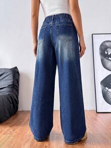 SHEIN 少女日常通勤百搭低腰水洗宽松阔腿牛仔裤 - 深色水洗藍 - 查看 2