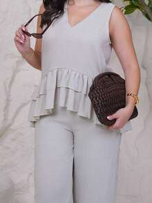 The Leen Edit Ruffle Hem Decorated Camisole + Pants Set Elegant Summer - Khaki - View 4
