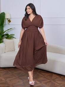The Leen Edit Women's Elegant Summer Dark Brown Crossover Pleated Batwing Sleeve Ruffle Hem Dress,Suitable For Dining,Annual Meetings,Festivals & Formal Party Dress - Brown - View 2