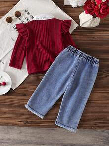 SHEIN Explorewe 2 件套女婴二合一服装，包括白色衬衫搭配红色华夫格纹理上衣和带草莓刺绣和流苏下摆的牛仔裤。时尚、甜美、休闲的设计适合春夏户外玩耍、日常、旅行。 - 紅色 - 查看 2