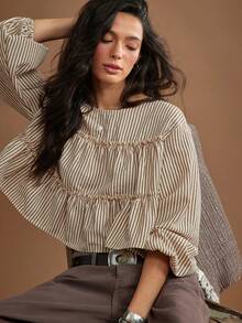 WESTFADE Striped Tiered Ruffle Long Sleeve Top, Fall, Winter, Autumn, Female Country Look, Cute Basic Top, Cowgirl, Rodeo, Back To School - Multicolor - View 4