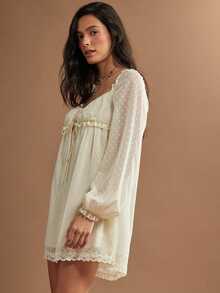 WESTFADE Gaun Mini Babydoll Chiffon & Lace dengan Leher Bulat dan Ikatan di Depan, Musim Gugur, Musim Dingin, Tampilan Wanita Gaya Pedesaan, Pakaian Koboi untuk Wanita, Gaya Barat, Rodeo - Aprikot - View 5