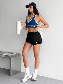 SHEIN Dewbera Double Layer Anti-Exposure Drawstring Sports Shorts - Black - View 7