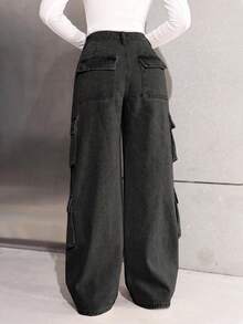 SHEIN Teen Girls Grey Denim Long Cargo Jeans With Zipper And Drawstring Detail - Grey - View 2