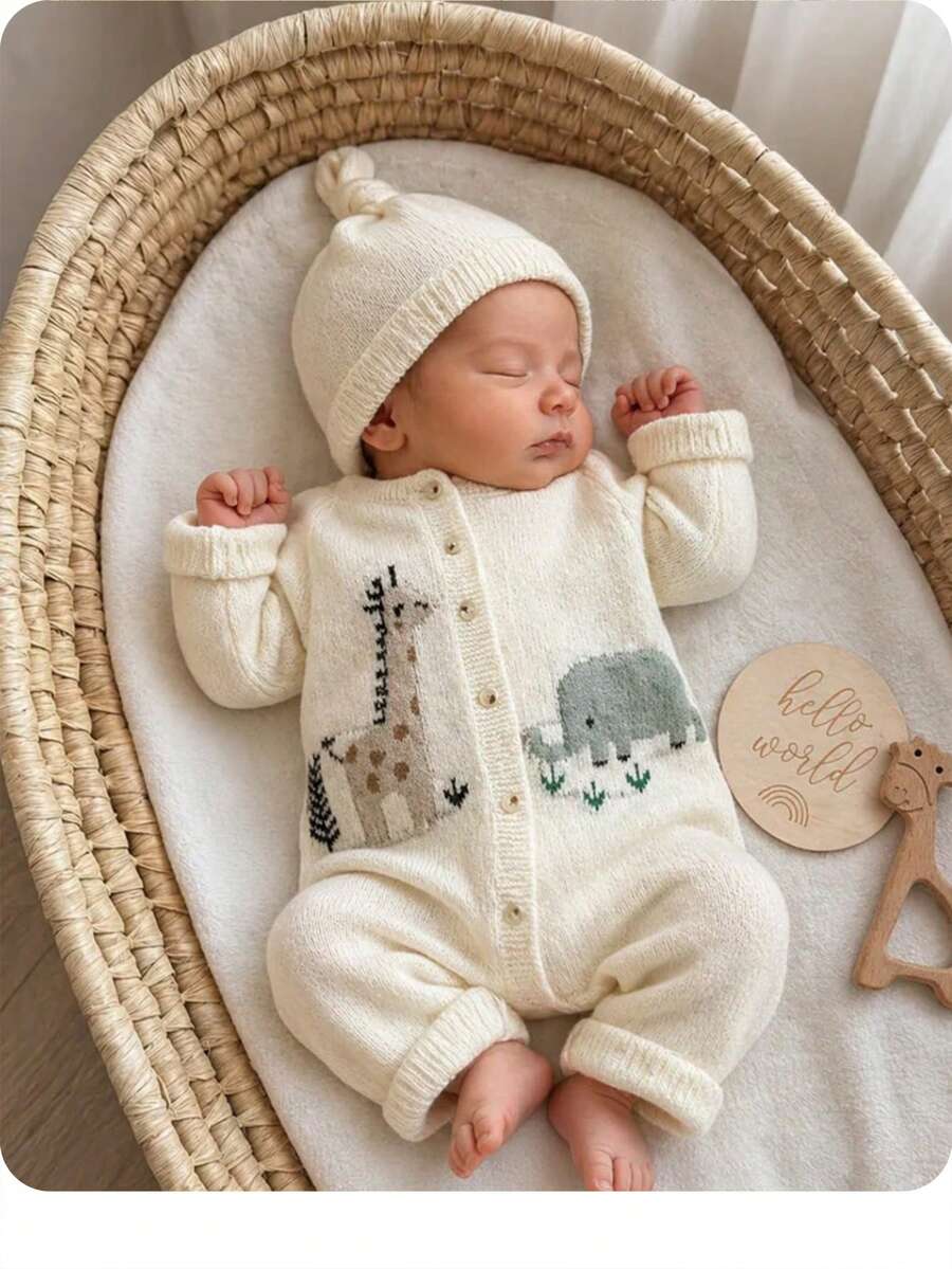SHEIN Newborn Baby Girl Cute Cartoon Print Long Sleeve Jumpsuit, Fall/Winter Neutral - White - View 1