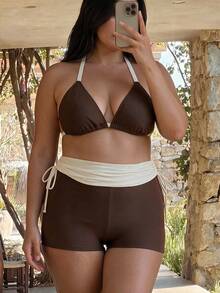 Swim Mod 2026 New Plus Size Women's Colorblock Halter Tie Drawstring Bottom Sweet Minimalist Bikini Set Set - Multicolor - View 5