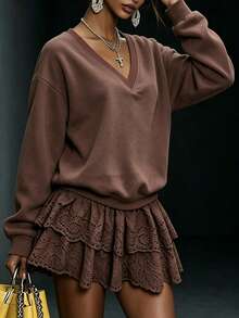 LUMIGAL Women's V-Neck Casual Versatile Daily Wear Long Sleeve Sweatshirt - Brown - View 7