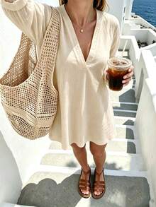Breezaya Women's Plus-Size Apricot Textured Long-Sleeve V-Neck Dress New Autumn Arrival - Apricot - View 1