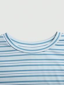 SHEIN Tween Girl Summer Casual Blue Striped Waist-Cinching T-Shirt Back-To-School Top - Blue - View 4