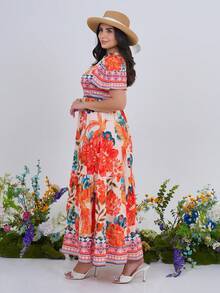 The Leen Edit Women's Elegant Casual Comfortable Vintage Romantic Holiday Beach Tropical Digital Print Ruffle Hem A-Line Dress (Random Print), Spring/Summer - Burnt Orange - View 3