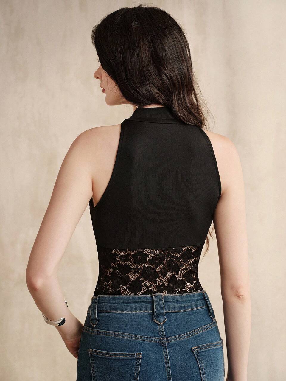 Spring/Autumn Elegant Elegant Semi-High Neck Halter Neck Sleeveless Off-Shoulder Waist Lace Patchwork Design 's Bodysuit, Suitable For Date, Party, Dinner Outfits