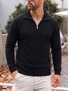 Claim Dot Old Money Men's Plus Size Solid Color Zip-Up Half-Placket Long Sleeve Casual Streetwear Sweater Formal Vacation Office Black Autumn - Black - View 6