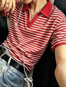 Resyla Men 男士紅白色條紋 Polo 衫，經典航海風美式復古熱帶風，韓系 Cleanfit 極簡日系休閒夏季款 - 彩色 - 查看 1