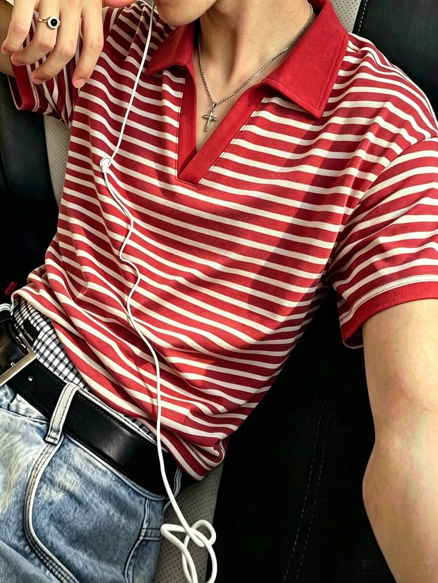 Resyla Men 男士紅白色條紋 Polo 衫,經典航海風美式復古熱帶風,韓系 Cleanfit 極簡日系休閒夏季款 - 彩色 - 查看 1