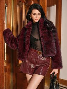 Anewsta Burgundy Faux Fox Fur Short Women's Fashion 3/4 Sleeve Fitted Winter Coat - Burgundy - View 2