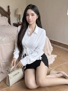 Tideelle Women's Autumn And French Romantic Elegant Bow Front Ruffled Fitted Long-Sleeve Versatile Shirt Going Out White - White - View 4