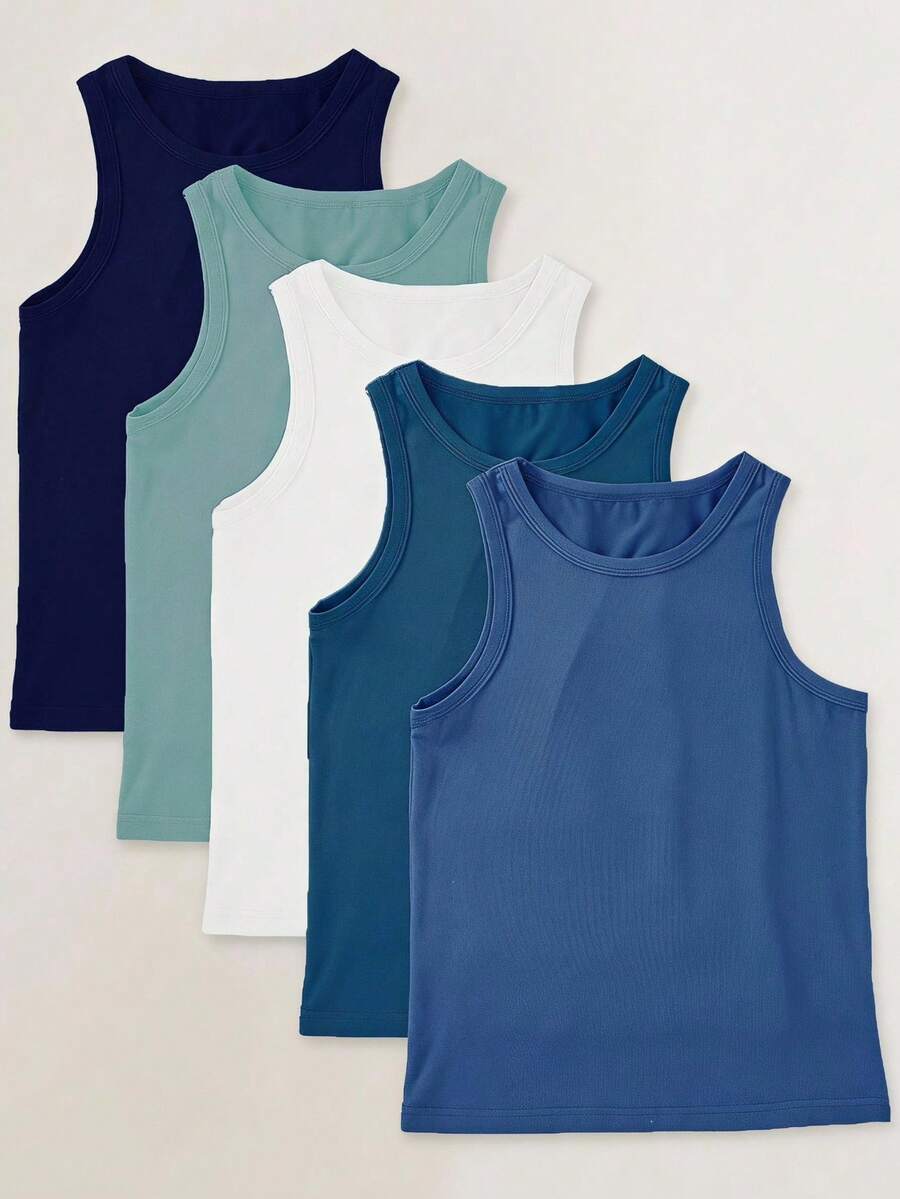 SHEIN 5件組小男孩純色內著背心，簡約時尚，適合夏季與秋季